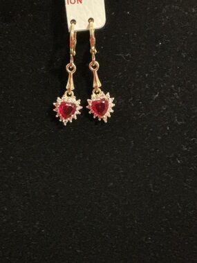 Fashion Jewelry Gold-Tone Heart Drop Earrings with Ruby Red Stones